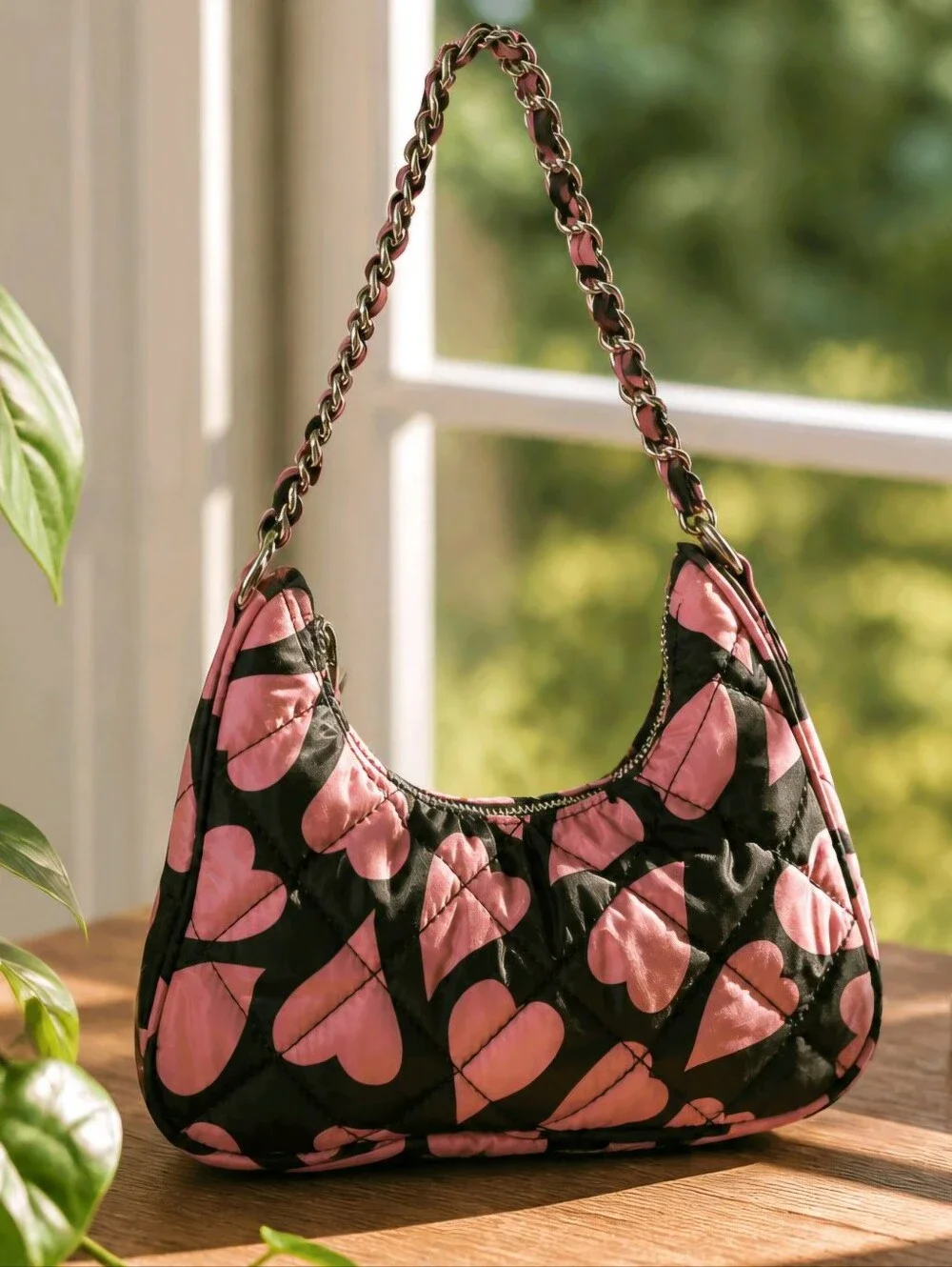 INC International Concepts Black Pink Heart Shoulder Bag Quilted Canvas Y2K